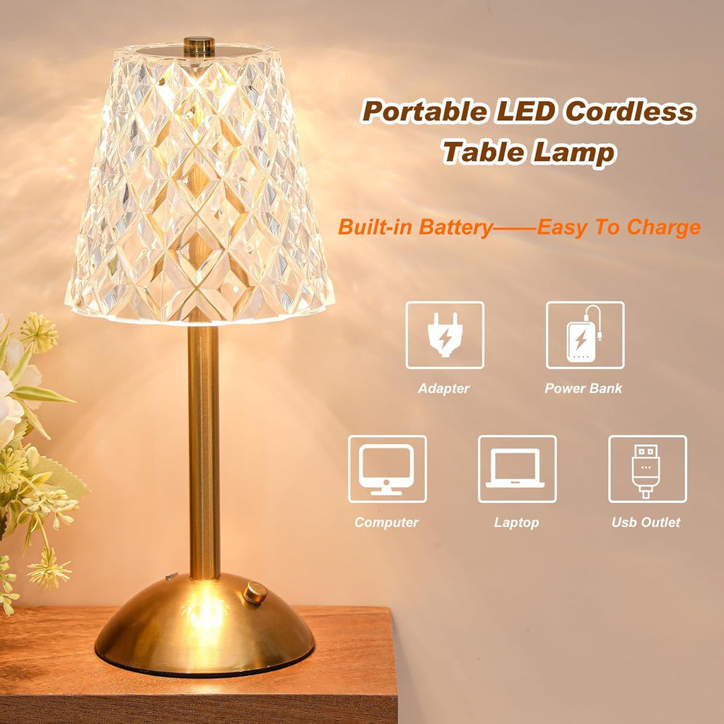 Liliful 2 Pcs LED Portable Cordless Table Lamp Touch Battery Operated Rechargeable Desk Lamp 3 Color Dimmable for Bedroom Living Room Dining (Diamond Style,Gold)