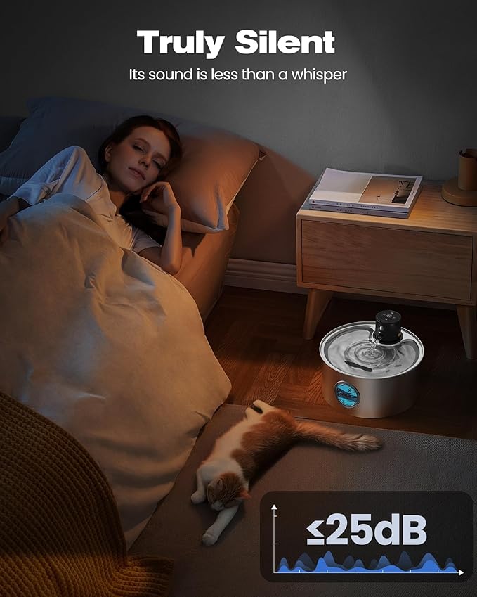 Cat Water Fountain with Motion Sensor: Rechargeable Cat Fountain Wireless - Metal Pet Water Fountain Powered by 4000 mAh Battery - 108oz/3.2L Cordless Animals Water Fountain Inductor -16 Filters