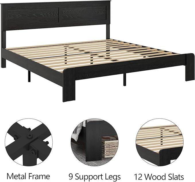 King Size Bed Frame, Rustic Vintage Platform Bed Frame with Wood Headboard and Footboard, 12 Wood Slats Support, No Box Spring Needed (Black, King)