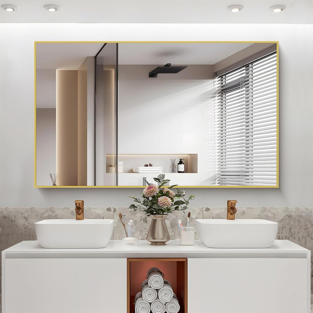 Gold Bathroom Mirror for Wall, 60x36 Inch Rectangle Mirrors with Metal Frame, Modern Vanity Wall Mirror Decor for Bathroom Living Room, Entryway Hangs Horizontal or Vertical