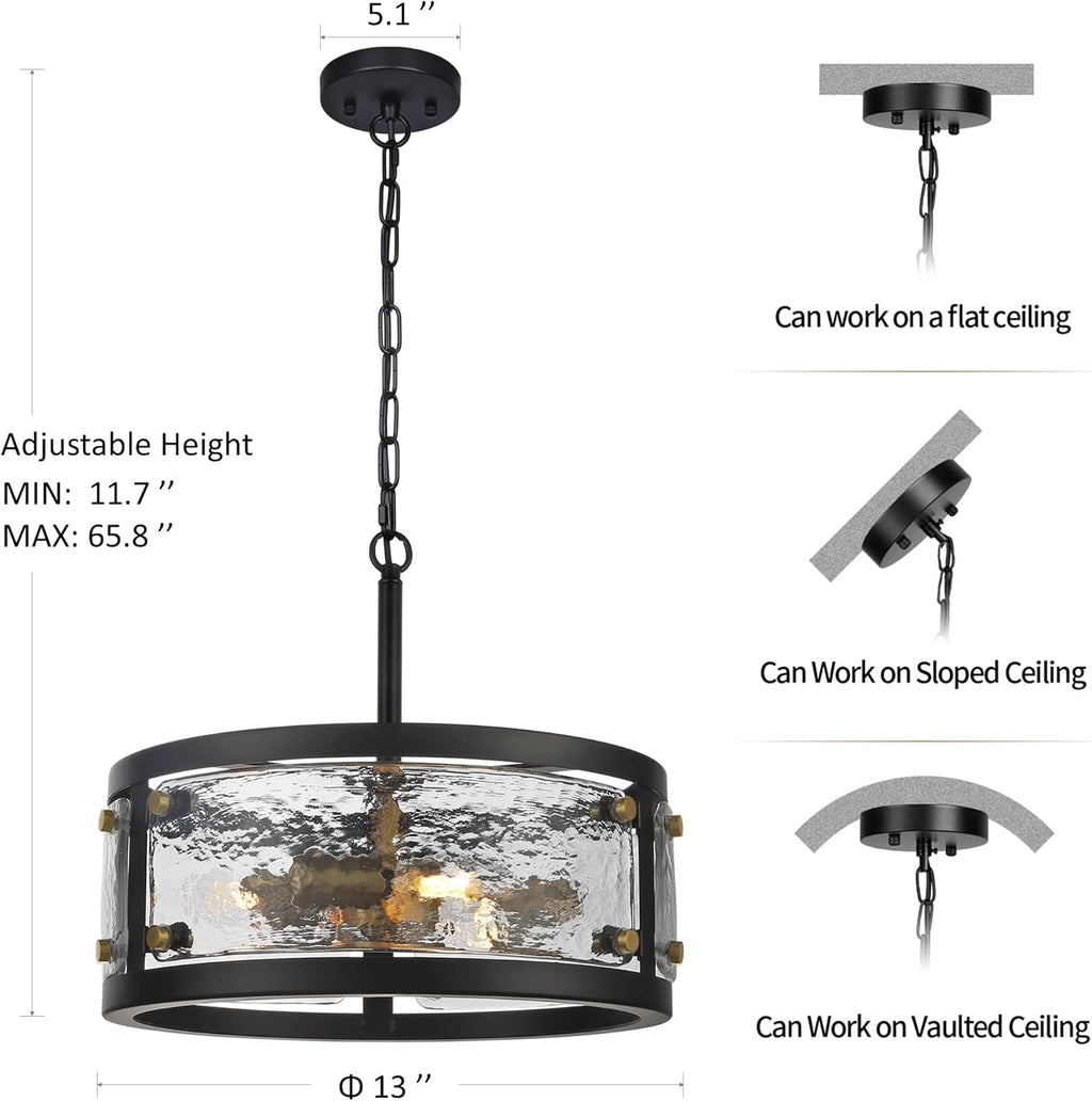 13" Industrial Drum Glass Chandelier, 3-Light Rustic Hanging Pendant Lights, Metal Round Lighting Fixture for Dining Room Foyer Entryway Hallway Bedroom, Clear Waterglass Drum Shade