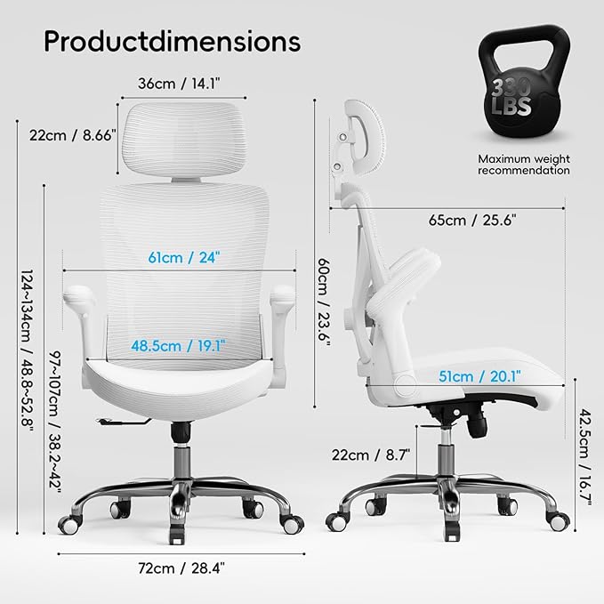 Office Home Ergonomic Desk Chair-Computer X-Shaped Chair Mesh PU Leather with Adjustable Lumbar Support-Executive Chair High Back with Headrest Flip-Up Arms for Long Hours (White)