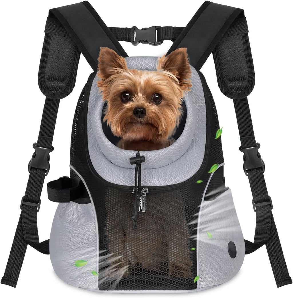 WOYYHO Pet Dog Carrier Backpack Small Dog Front Backpack Ventilated Mesh Dog Travel Back Pack with Safety Belt for Travel Hiking Cycling Outdoor Adventures (Size S: 2-4.5 lbs, Grey)