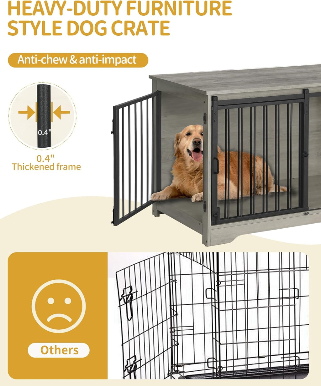 39.4" Heavy Duty Dog Crate Furniture with Barn Door, Wood Indoor Dog Crate Kennel for Small/Medium/Large Dogs, End Side Table, TV Stand, Greige Black DFC02305B