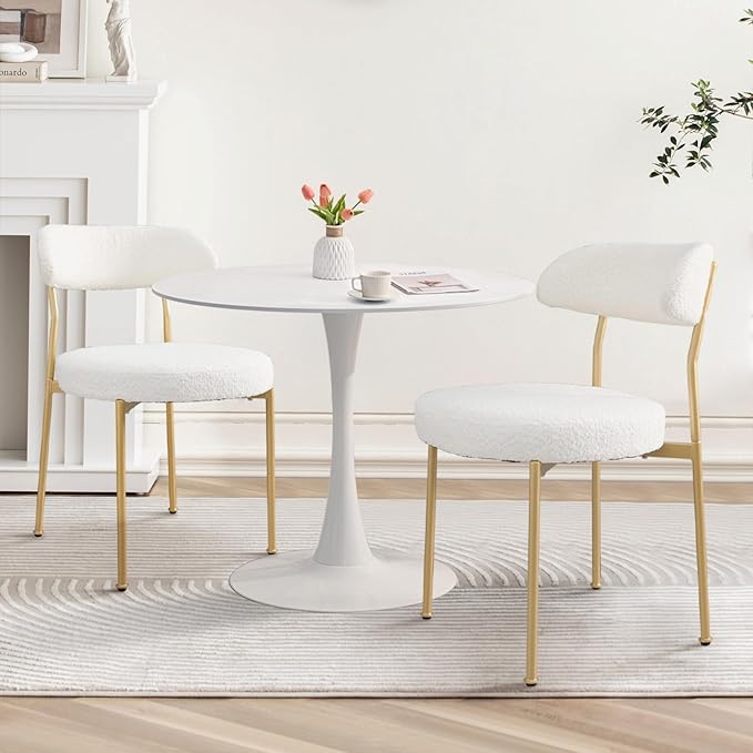 SoarFlash Kitchen Table and Chairs for 2, 31.5" Dining Table Set for 2 with Boucle Upholstered Chairs, 3 Piece Round Kitchen Table Set, Dining Room Table Set for Small Space, Apartment, Beige/White