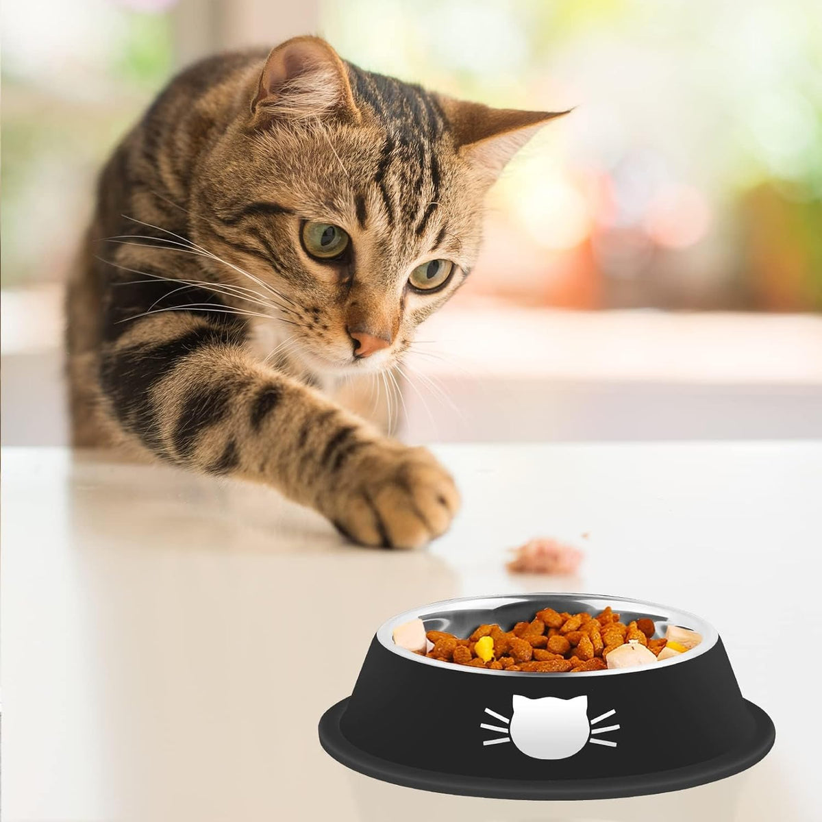 2 Pcs Non-Slip Stainless Steel Small Cat Food Bowls - Unbreakable, Thicken 13 Oz Cat Dishes - Indoor, Removable Rubber Base, Easily Clean, Lovely Color