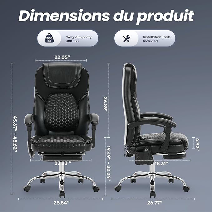 Executive Office Chair with Massage and Heat, Ergonomic Reclining Desk Chair with Footrest, Big and Tall High-Back Leather Computer Chair with Wheels, Adjustable Managerial Chair, Supports 300 lbs