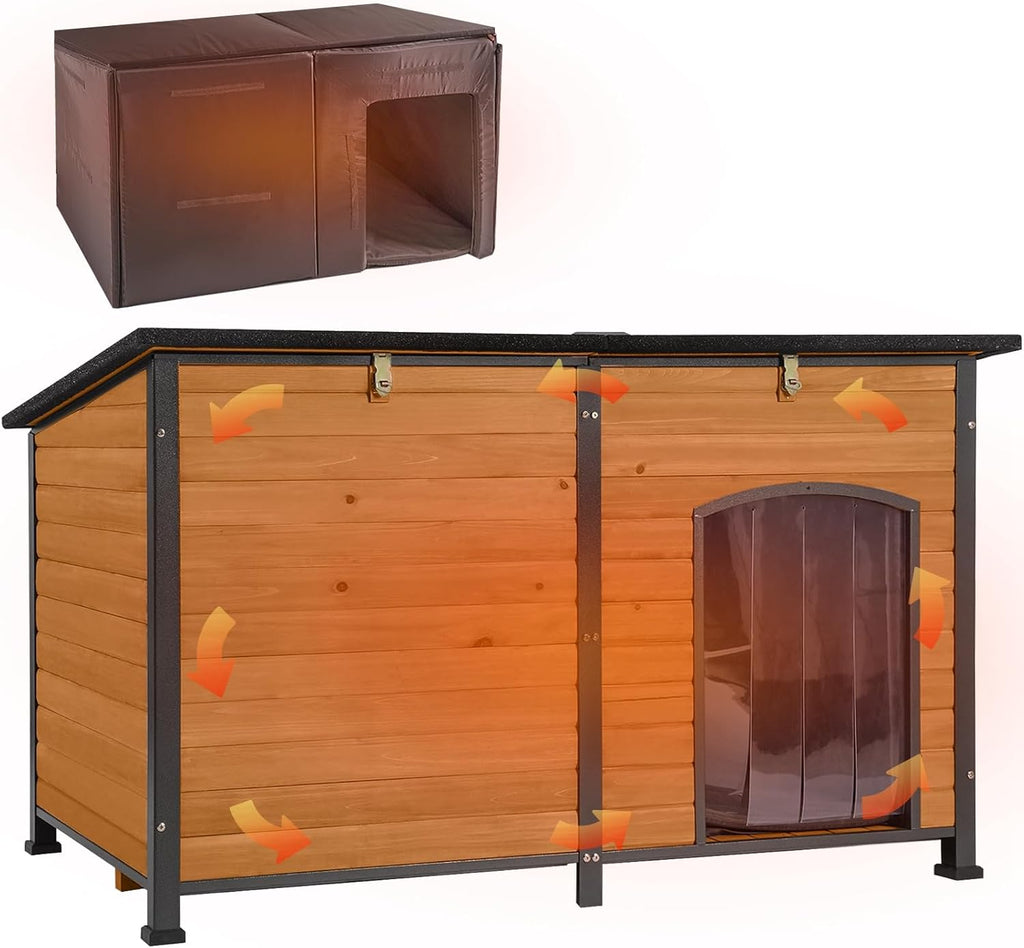 Aivituvin Dog House Outdoor 59" Extra Large Insulated Dog Kennel with Movable Insulation Liner,All-Around Iron Frame