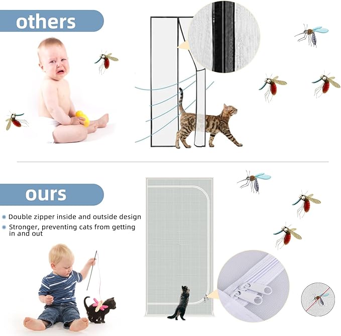 Reinforced Cat Screen Door,Zipper Screen Door Fits Door Opening Size 38''x 82'',Cat Resistant Mesh Screen Door for Keeping Cats in and Out for Living Room,Bedroom,Kitchen.