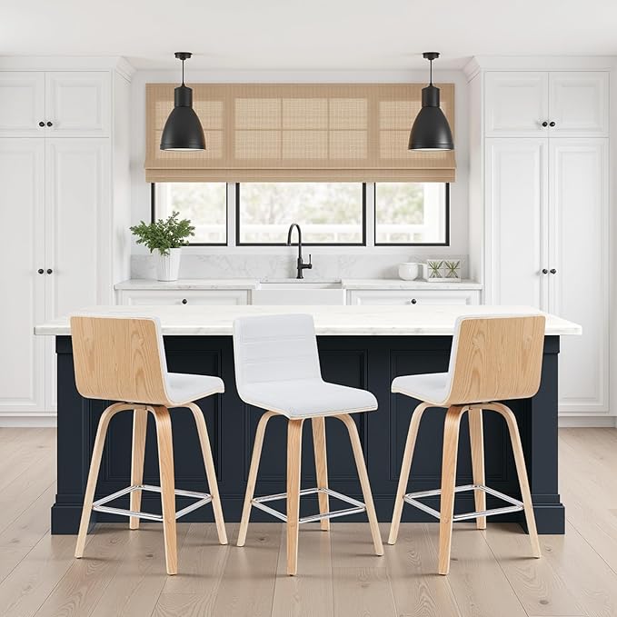 Vienna Modern Counter Height Swivel Bar Stool with White Faux Leather Seat and Patterned Oak Wood Frame Set of 3