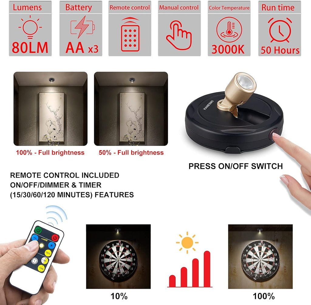 Spotlight Battery Operated, Wireless LED Puck Light, Dimmable Accent Spot Light for Plant Tree Indoor, Stick Uplighting for Display Photo Dartboard Painting Artwork Gallery Portrait, 2 Pack