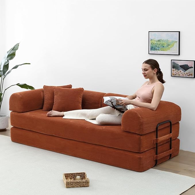 Compression Sofa - 79'' Convertible Sofa Bed, Boneless Couch in a Box, Modular Corduroy Foldable Sleeper Sofa with 2 Pillows, Loveseat Couches for Living Room (Corduroy Fabric, Orange)