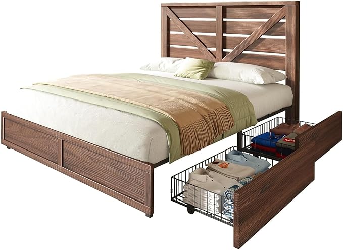 AMERLIFE Queen Size Farmhouse Bed Frame with 4 Drawers, Wooden Storage Bed Frame with Headboard and Heavy Duty Metal Slats, Noisy Free, Easy Assemble, Rusric Brown