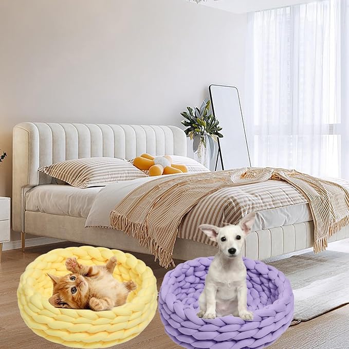 Woven Dog Bed Basket, Knitted Cotton Cat Bed Round Washable Woven Cat Pet Bed Chunky Dog Basket, Orthopedic, Chunky Knit Dog Nest,Dog Bed,Dog Cave,Dog Bedding(Blue,23")