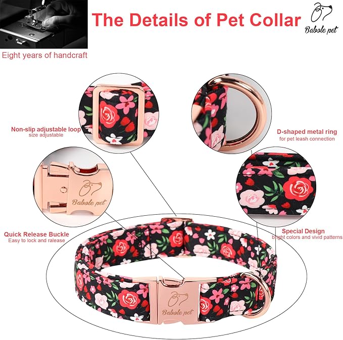 Floral Dog Collar - Rose Red Wild Flowers Pattern Cute Puppy Collar, Adjustable Winter Holiday Metal Buckle Dog Collars for Small Medium Large Dogs L