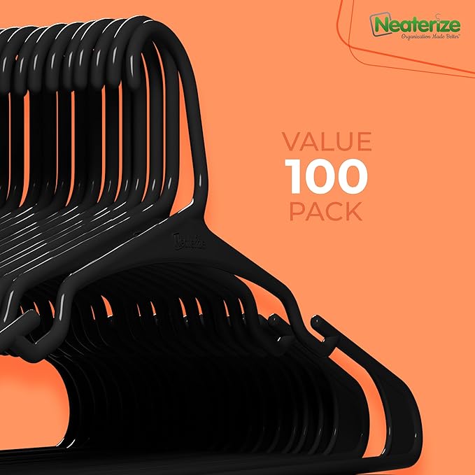 NEATERIZE Clothes Hangers Plastic 100 Pack For Adults - Plastic Hangers, The Perfect Coat Hanger and Space Saving Clothes Hangers for Closet, Percheros Ganchos para Colgar Ropa Hangars - Black Hangers