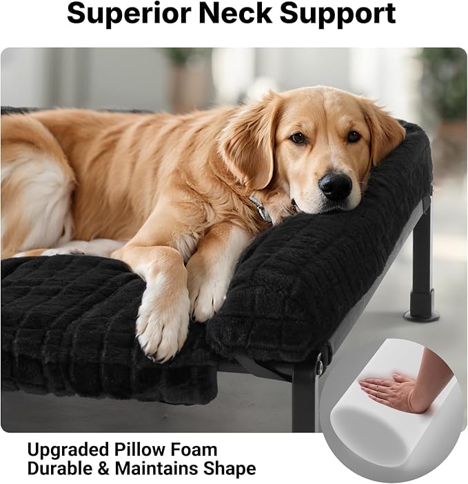Veehoo Elevated Dog Bed with Fluffy Plush Bolster Cushion, Dog Couch Bed | Cooling Raised Dog Bed for Large Dogs, Washable Orthopedic Pet Cot with Removable Mat, Breathable Mesh, Non-Slip, 48", Black