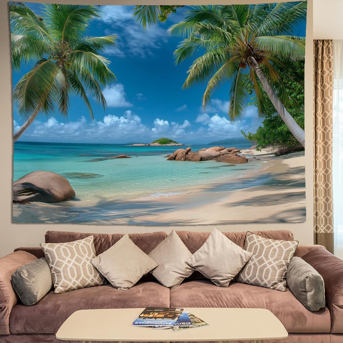 keowhsf Beach Summer Ocean Tapestry – Tropical Palm Trees Wall Hanging Decor with Blue Sky and Seaside Scenery, Nature Landscape Tapestry for Bedroom Living Room Dorm