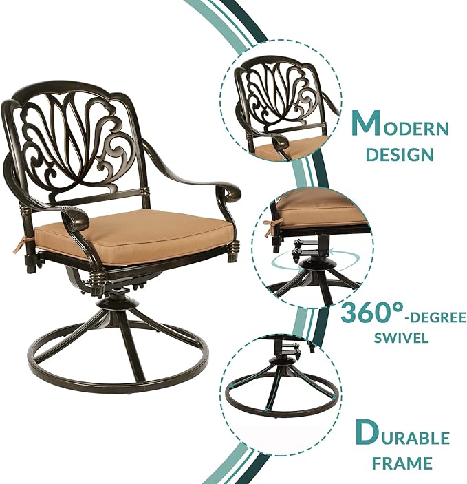 MEETWARM 9-Piece Outdoor Patio Dining Set, All-Weather Cast Aluminum Patio Conversation Set for Backyard Garden Deck with 8 Cushioned Swivel Rocker Chairs, 1 Oval Table, 2" Umbrella Hole