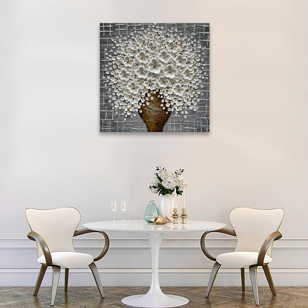 Epicler Hand-Painted 3D Abstract Modern Oil Painting Wall Art,24x24 Inch White Flower Painting, Flower Wall Art Painting,Living Room Bedroom Wall Decoration Oil Painting Ready to Hang