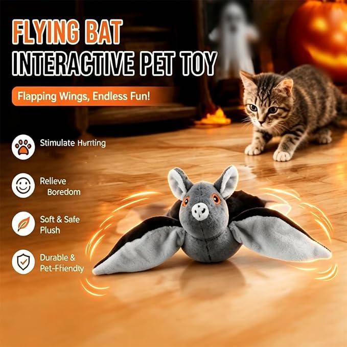 Flying Bat Dog Toy, 2026 New Flying Bat Toy for Dogs, Flapping Wings Interactive Pet Toy with Chirping Engages Cats and Dogs, Detachable USB Rechargeable, Hanging and Ground Play ，Bat：1PCS