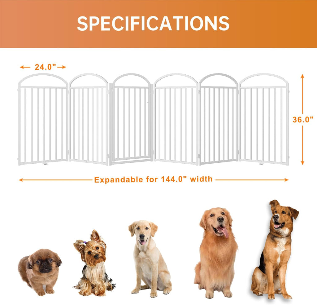 6 Panles Full Matel Freestanding Dog Gates with Door, 144"Extra Wide 36"Tall Free Standing Dog Pet Gate for Indoor & Outdoor. Foldable Pet Fences for Doorways, House, Stairs, Porch, Deck, Yard