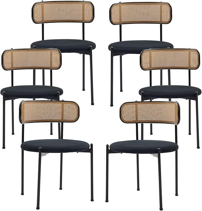Rattan Dining Chairs Set of 6, Mid Century Modern Dining Chairs with Cane Back and Boucle Upholstered Seat, Farmhouse Kitchen Chairs for Dining Room and Living Room, Black