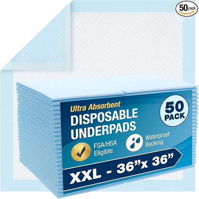 DMI Extra Large 36" x 36", 50 Count, Ultra Protective Incontinence Bed Pads for Women and Men, Elderly, Kids Bed Wetting, Absorbent Chucks, Furniture Protection, FSA/HSA