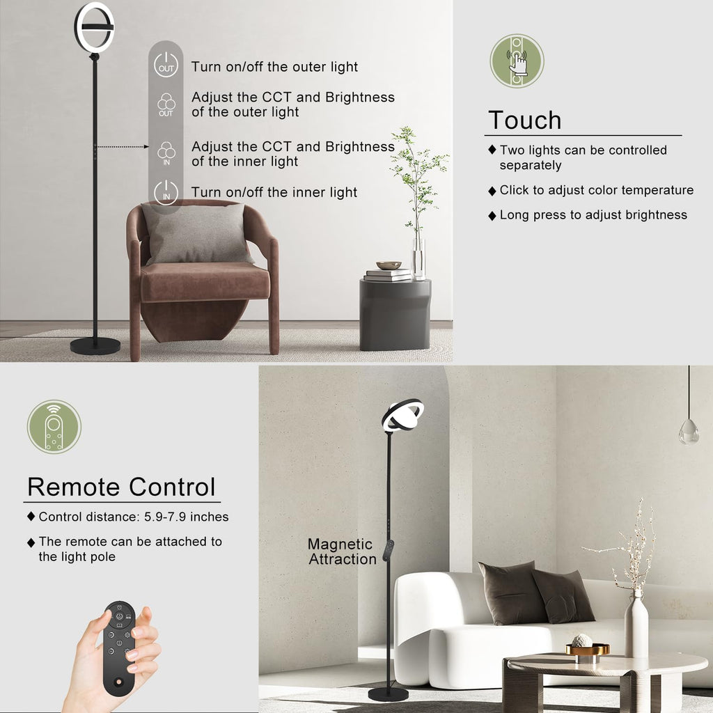 36W Bright LED Floor Lamp for Living Room with Remote, 75.5 Inch Tall Stepless Dimmable Standing Lamp for Office, Torchiere Floor Lamp with 2 Rotatable Lights 1900K-6500K for Bedroom