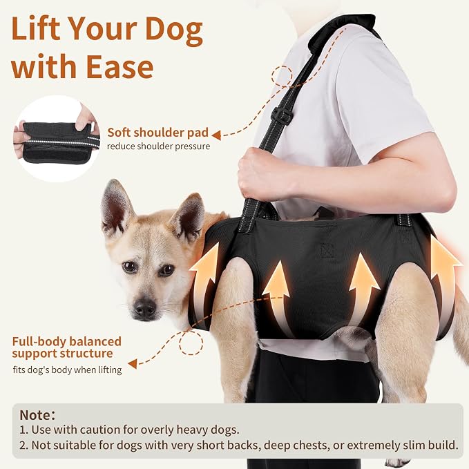 Full Body Dog Lift Harness, Support Senior & Disabled Dogs Walking | Help Up & Down Stairs Grooming, Dog Sling Backpack, Front Hind Leg Joint Injuries, Reflective, Soft Padded Handle | Black, L