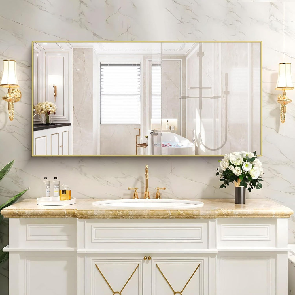 48x24In Gold Bathroom Mirror for Wall, Brushed Gold Rectangle Mirrors with Metal Frame, Bathroom Rectangular Mirror Modern Wall Mirror for Bedroom Living Room, Hangs Horizontal or Vertical