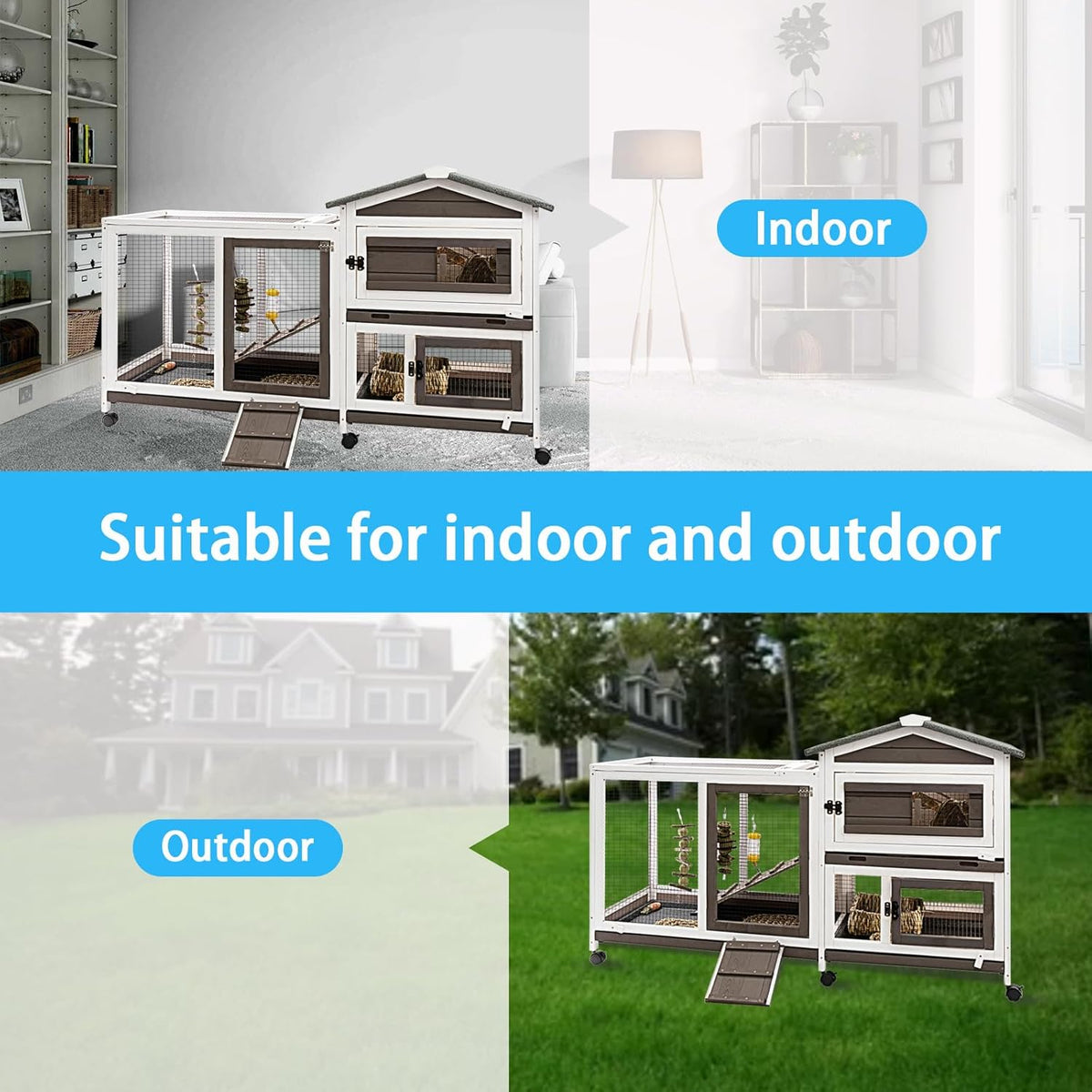Rabbit Hutch Indoor Outdoor Two Story Bunny Hutch with Wheels Guinea Pig Cage with Removable No Leaking Tray Wooden Pet House