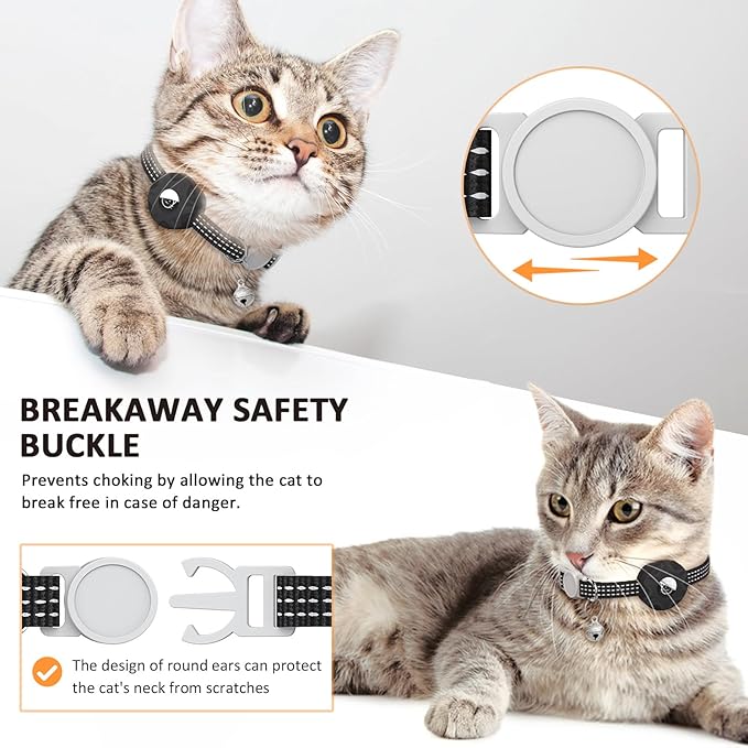 Apple AirTag Cat Collar, GPS Tracker with Reflective Breakaway Design, Lightweight Kitten Collar with Bell (Black/Luminous Blue)