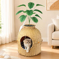 Cat Hidden Litter Box Enclosure Furniture, Handwoven Rattan Cat House with Decorative Faux Plant, Cat Litter Box with Scoop & Sisal Ball, Real Stones for Living Room, Bedroom, Corner Natural