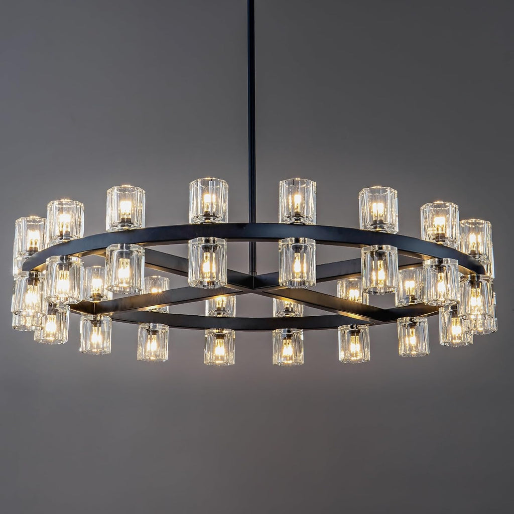 Modern Black Crystal Chandelier,36" K9 Crystal Chandeliers for Dining Room Over Table,Wagon Wheel Chandeliers for Dining Room,Living Room,Foyer,Includes 36XG4 Bulbs