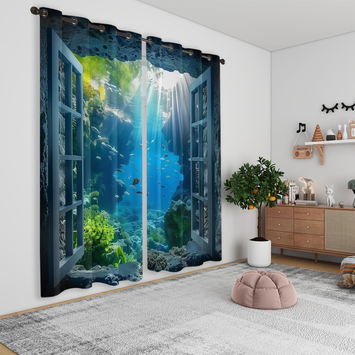 Ocean Fishs Blackout Curtains for Girls Boys Home Decor, Underwater Tropical Fish Undersea Coral Grommet Thermal Insulated Drapes Darkening Window Curtain for Bedroom Living Room, 84 x 84 Inch