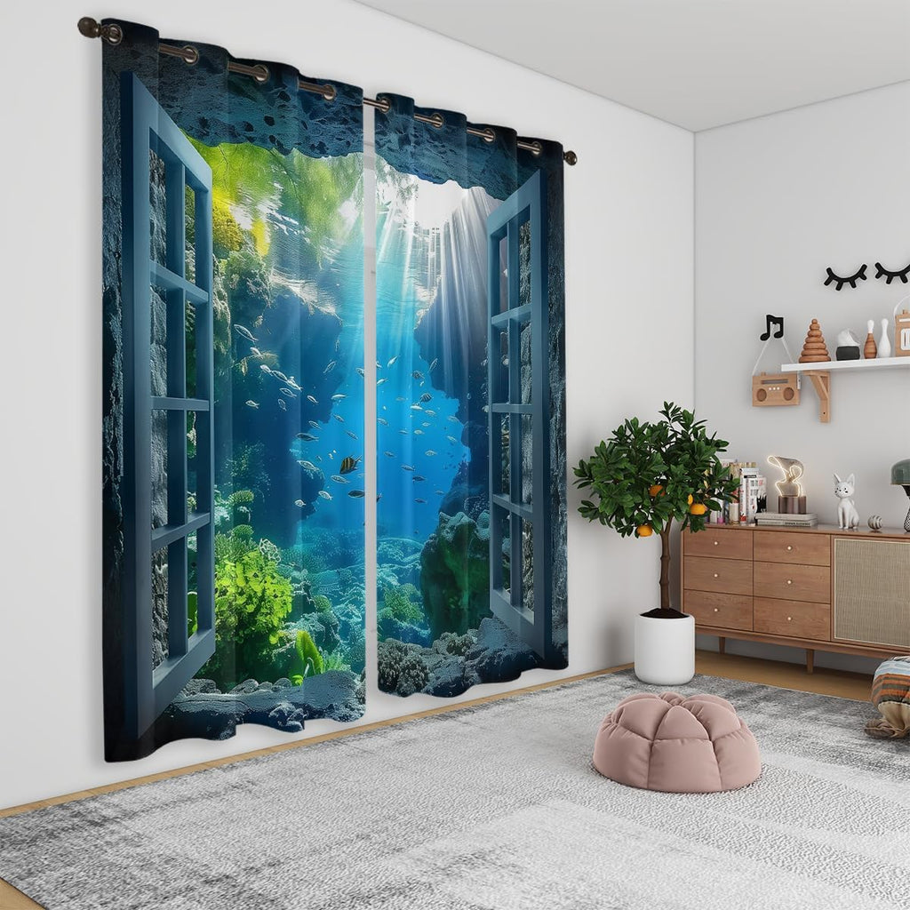 Ocean Fishs Blackout Curtains for Girls Boys Home Decor, Underwater Tropical Fish Undersea Coral Grommet Thermal Insulated Drapes Darkening Window Curtain for Bedroom Living Room, 72 x 63 Inch