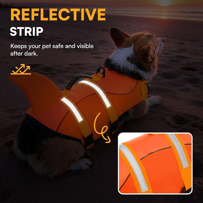 Dog Life Jacket, Dog Life Vest for Swimming, Puppy Shark Swimming Vest with Rescue Handle, Reflective Adjustable Pet Lifesaver Preserver for Small Dogs, Orange S