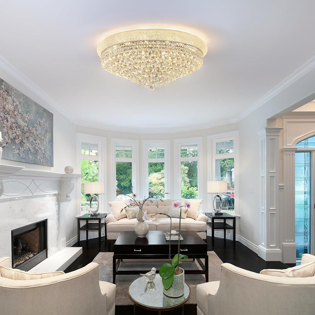 18-Light 32 inch Large Crystal Chandelier Flush Mount Ceiling Light Fixture for Living Room Dining Room Bedroom Foyer Entryway Chrome Finish