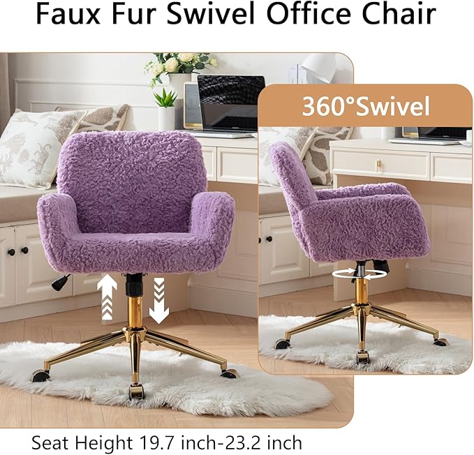 Goujxcy Faux Fur Home Office Teddy Fabric Swivel Chair - Height Adjustable Purple Elegant Vanity Chair for Teen Girls