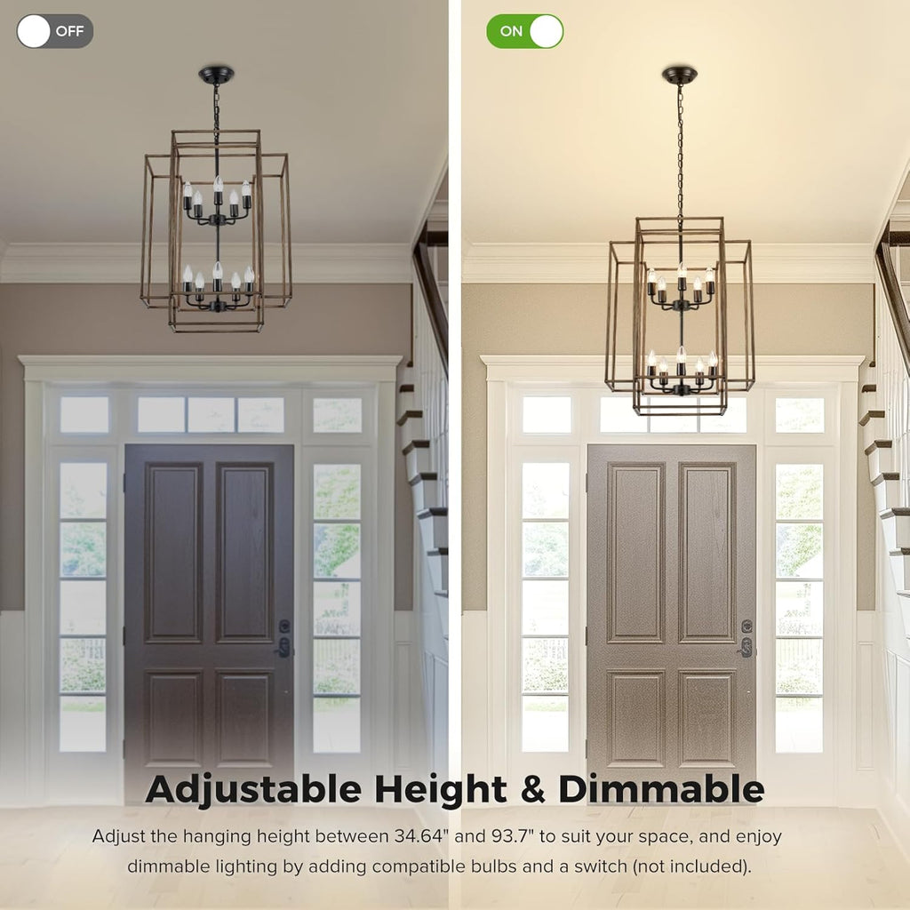 30" Black Farmhouse Chandelier, 10-Light Foyer Lighting Fixtures, Lantern Tiered Pendant Light Fixtures, Metal Wood Grain Finish Rustic High Ceiling Chandelier for Dining Room Entryway Staircase