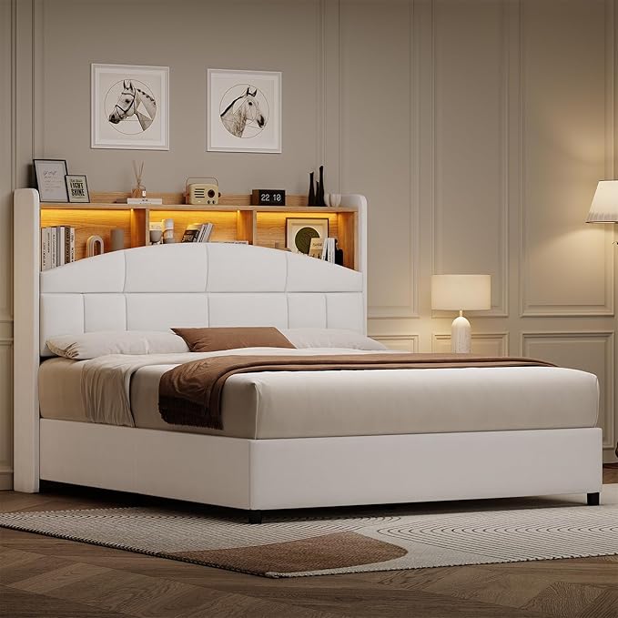 Full Size Bed Frame with Headboard, Velvet Upholstered Bed Frame with LED Lights, Full Size Platform Bed with Wooden Slats Support, No Box Spring Needed, No Noise, Beige