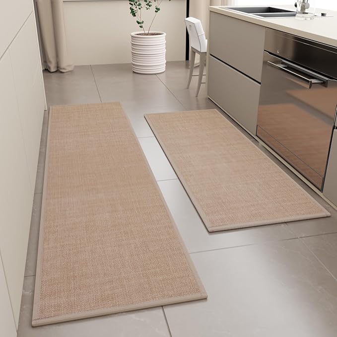 Kitchen Mat Set of 2 PCS, Cushioned Non Slip Rugs for Kitchen Floor, Absorbent Runner Comfort Standing Mats Washable for Kitchen, Office, Home (Camel, 17.3"x47"+17.3"x71")