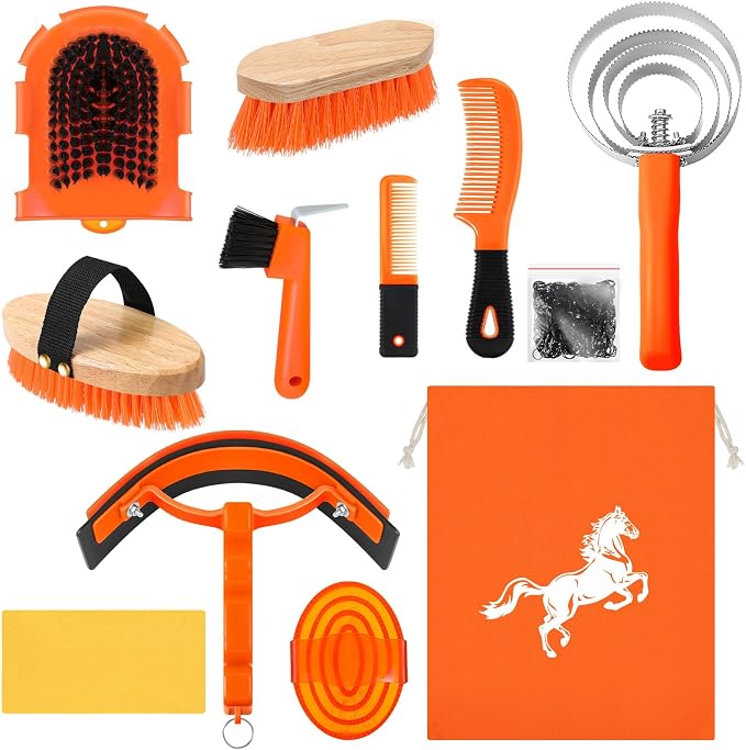 Abbylike 12 Pieces Horse Grooming Kit Racing Festival Tack Room Supplies Horse Brush Sets Equine Care Cleaning Kit Shedding Grooming Massaging Tools(Orange)