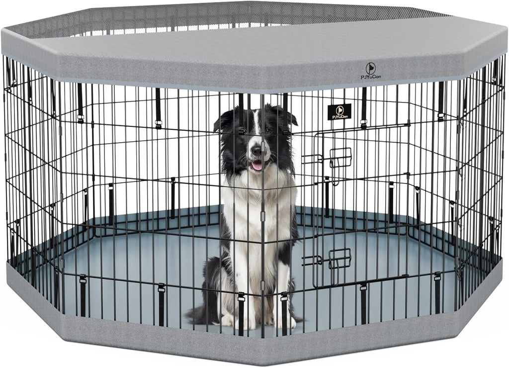 PJYuCien Dog Playpen, 8 Panels 30”H Dog Playpen Indoor with Grey Bottom Pad and Top Cover, Metal Foldable Dog Pen for Indoor Use, Better for Small Medium Animals, Grey