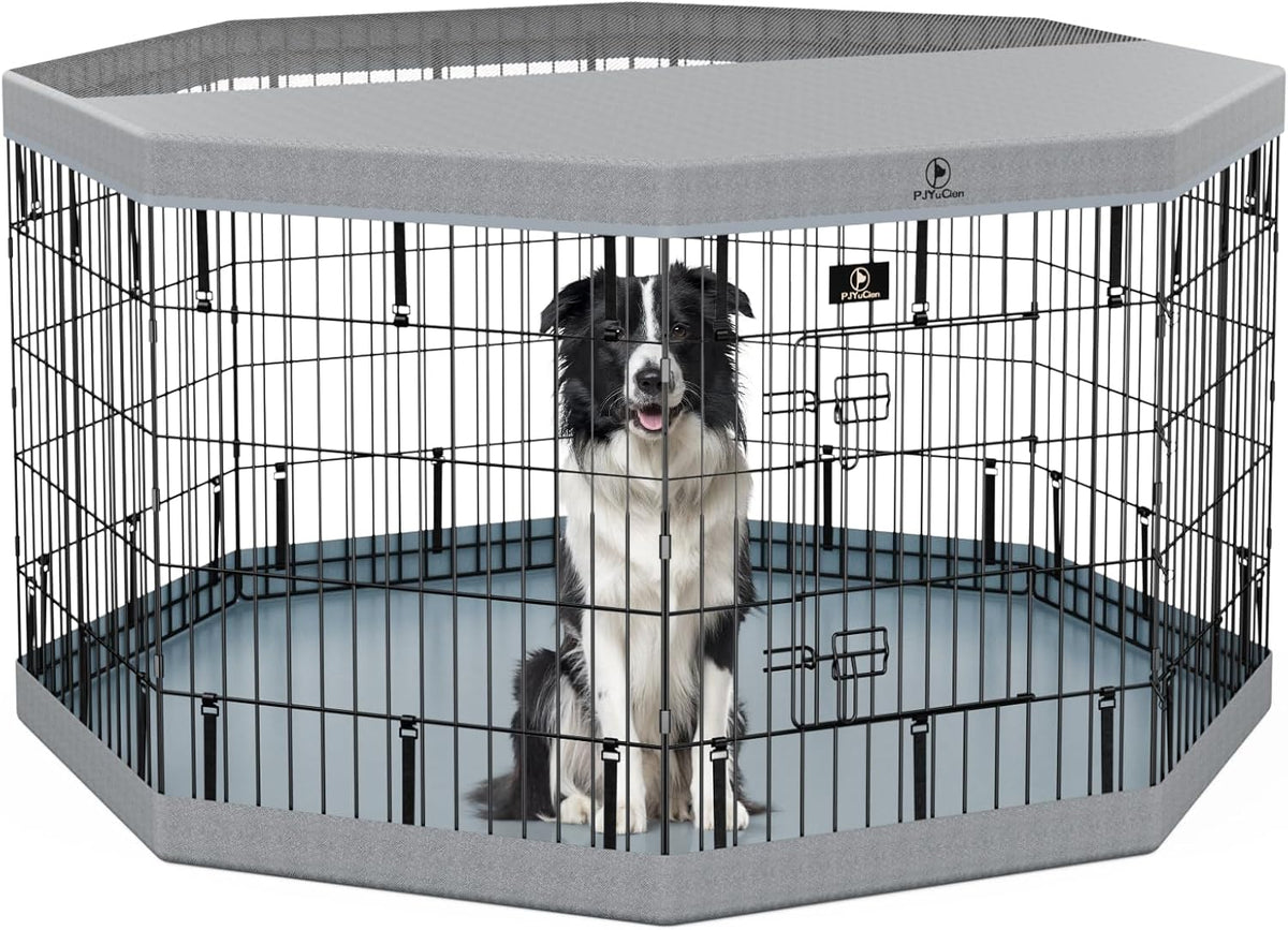 PJYuCien Dog Playpen, 8 Panels 30”H Dog Playpen Indoor with Grey Bottom Pad and Top Cover, Metal Foldable Dog Pen for Indoor Use, Better for Small Medium Animals, Grey