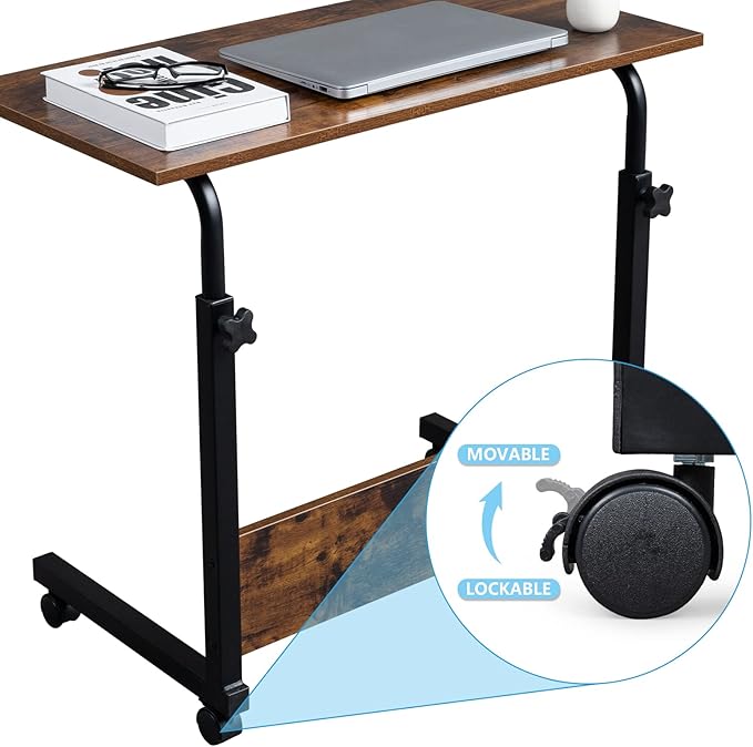 Goujxcy Sofa Side Table C Shaped End Table with Wheels, Rolling Bedside Laptop Table Snack Table TV Tray, Height Adjustable, Wooden Top & Metal Frame