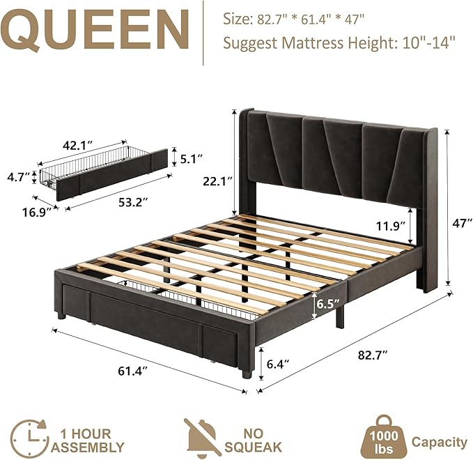 Queen Bed Frame with Storage Drawers, Upholstered Queen Size Platform Bed with 47" Tall Headboard and Wingboard, No Box Spring Needed, Noise Free, Easy Assembly, Wooden Support Slats, Black