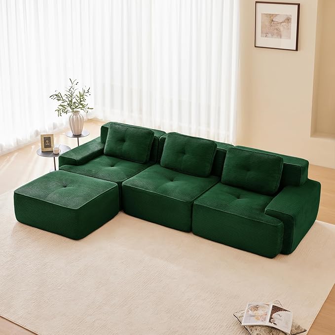 Green Ottoman for Modular Sectional Sofa, Corduroy Deep Seat for Oversized Compressed Boneless Sectional Couches for Living Room Bedroom Apartment, Cloud Sofa Couch Set, Memory Foam, No Assembly