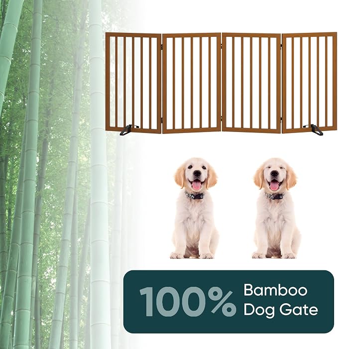 32" H Extra Tall Freestanding Dog Gates Indoor, 4-Panel Bamboo Wood Door Gates for Pets with 2 Metal Stands and 360°Hinge, Folding Pet Barrier for Stairs, Doorways, Kitchen 74" W x 32" H - Walnut